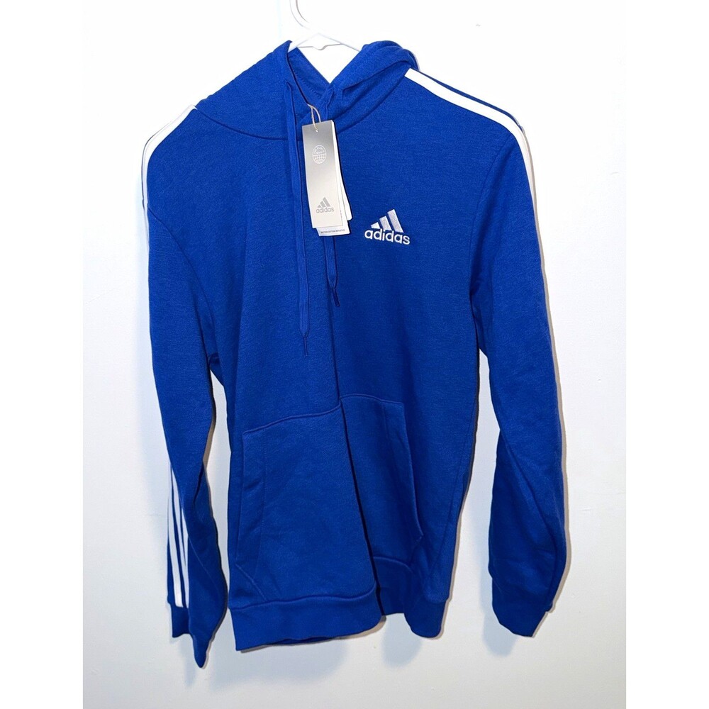 adidas Men’s S Blue Solid Pullover Hoodie Long Sleeve 3-Stripes Pockets